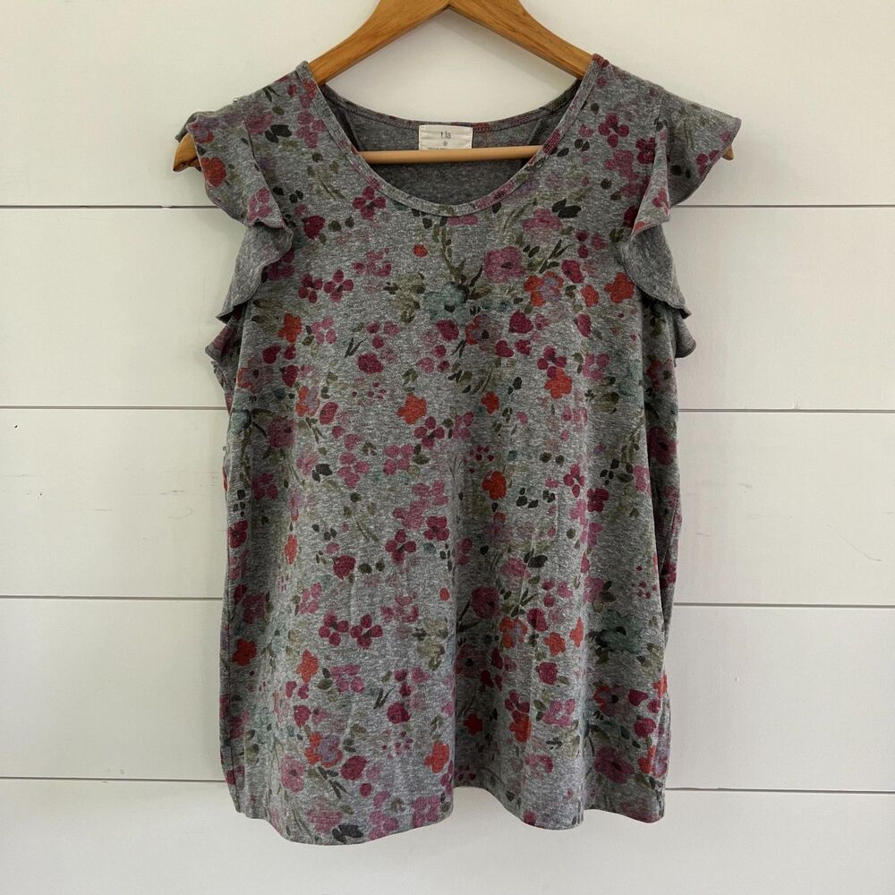 Ruffle Floral Tank Top t.la Anthropologie Gray Women's Small